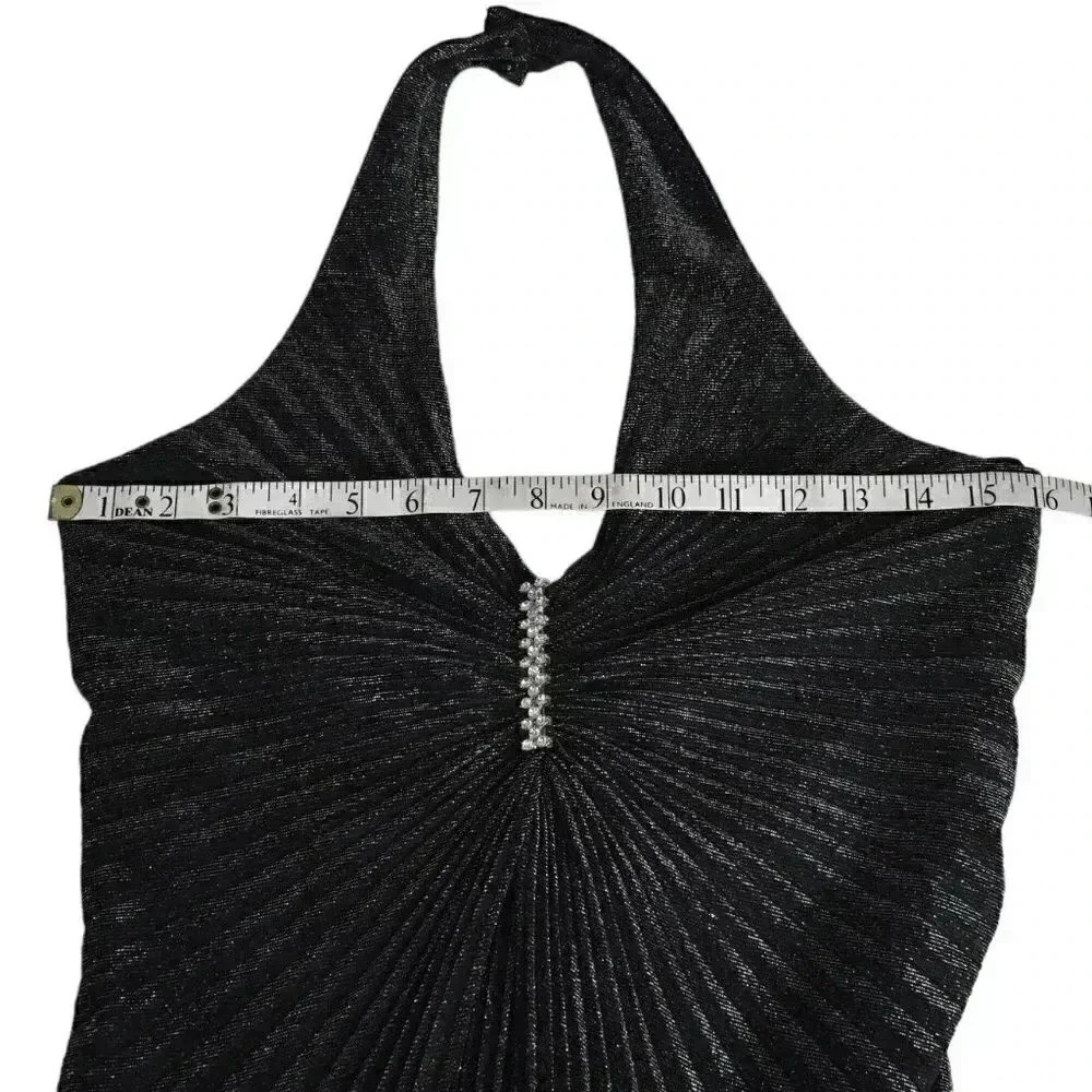Vintage Kiki Halter Pleated Maxi Dress Metallic Silver Black Mobwife Size Medium - Picture 13 of 16
